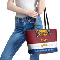 Latvia Leather Tote Bag with Three Stars Design and Traditional Pattern Details