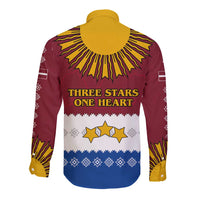 Latvia Long Sleeve Button Shirt with Three Stars Design and Traditional Pattern Details