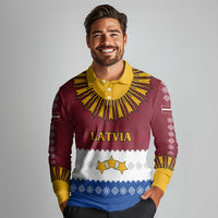 Latvia Long Sleeve Polo Shirt with Three Stars Design and Traditional Pattern Details