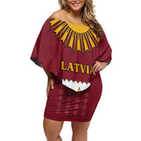 Latvia Off Shoulder Short Dress with Three Stars Design and Traditional Pattern Details