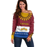 Latvia Off Shoulder Sweater with Three Stars Design and Traditional Pattern Details