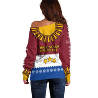 Latvia Off Shoulder Sweater with Three Stars Design and Traditional Pattern Details