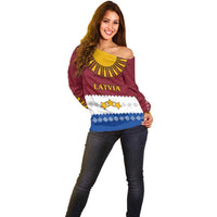 Latvia Off Shoulder Sweater with Three Stars Design and Traditional Pattern Details