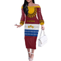 Latvia Off The Shoulder Long Sleeve Dress with Three Stars Design and Traditional Pattern Details