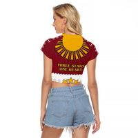 Latvia Raglan Cropped T Shirt with Three Stars Design and Traditional Pattern Details