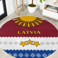 Latvia Round Carpet with Three Stars Design and Traditional Pattern Details