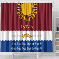 Latvia Shower Curtain with Three Stars Design and Traditional Pattern Details