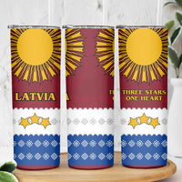 Latvia Skinny Tumbler with Three Stars Design and Traditional Pattern Details