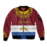 Latvia Sleeve Zip Bomber Jacket with Three Stars Design and Traditional Pattern Details