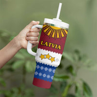 Latvia Tumbler With Handle with Three Stars Design and Traditional Pattern Details