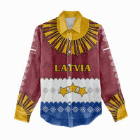 Latvia Women Casual Shirt with Three Stars Design and Traditional Pattern Details