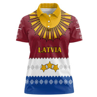 Latvia Women Polo Shirt with Three Stars Design and Traditional Pattern Details
