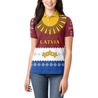 Latvia Women Polo Shirt with Three Stars Design and Traditional Pattern Details