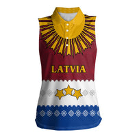 Latvia Women Sleeveless Polo Shirt with Three Stars Design and Traditional Pattern Details