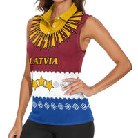 Latvia Women Sleeveless Polo Shirt with Three Stars Design and Traditional Pattern Details