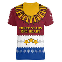 Latvia Women V-Neck T-Shirt with Three Stars Design and Traditional Pattern Details