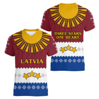 Latvia Women V-Neck T-Shirt with Three Stars Design and Traditional Pattern Details
