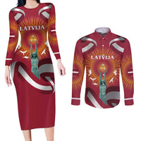 Latvia Couples Matching Long Sleeve Bodycon Dress and Long Sleeve Button Shirt with Freedom Monument and Doves Graphic – 18 November 1918 Design