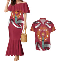 Latvia Couples Matching Mermaid Dress and Hawaiian Shirt with Freedom Monument and Doves Graphic – 18 November 1918 Design