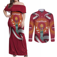 Latvia Couples Matching Off Shoulder Maxi Dress and Long Sleeve Button Shirt with Freedom Monument and Doves Graphic – 18 November 1918 Design