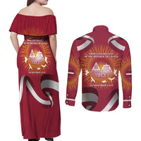 Latvia Couples Matching Off Shoulder Maxi Dress and Long Sleeve Button Shirt with Freedom Monument and Doves Graphic – 18 November 1918 Design