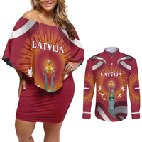 Latvia Couples Matching Off Shoulder Short Dress and Long Sleeve Button Shirt with Freedom Monument and Doves Graphic – 18 November 1918 Design