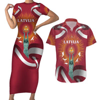 Latvia Couples Matching Short Sleeve Bodycon Dress and Hawaiian Shirt with Freedom Monument and Doves Graphic – 18 November 1918 Design