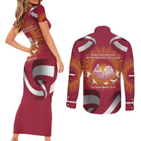 Latvia Couples Matching Short Sleeve Bodycon Dress and Long Sleeve Button Shirt with Freedom Monument and Doves Graphic – 18 November 1918 Design