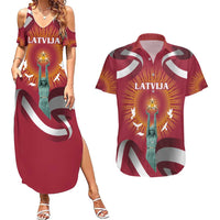 Latvia Couples Matching Summer Maxi Dress and Hawaiian Shirt with Freedom Monument and Doves Graphic – 18 November 1918 Design