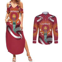 Latvia Couples Matching Summer Maxi Dress and Long Sleeve Button Shirt with Freedom Monument and Doves Graphic – 18 November 1918 Design