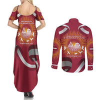 Latvia Couples Matching Summer Maxi Dress and Long Sleeve Button Shirt with Freedom Monument and Doves Graphic – 18 November 1918 Design
