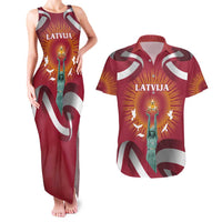 Latvia Couples Matching Tank Maxi Dress and Hawaiian Shirt with Freedom Monument and Doves Graphic – 18 November 1918 Design