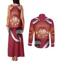 Latvia Couples Matching Tank Maxi Dress and Long Sleeve Button Shirt with Freedom Monument and Doves Graphic – 18 November 1918 Design