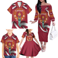 Latvia Family Matching Off The Shoulder Long Sleeve Dress and Hawaiian Shirt with Freedom Monument and Doves Graphic – 18 November 1918 Design
