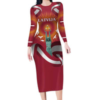 Latvia Long Sleeve Bodycon Dress with Freedom Monument and Doves Graphic – 18 November 1918 Design