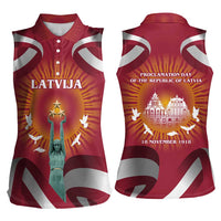 Latvia Women Sleeveless Polo Shirt with Freedom Monument and Doves Graphic – 18 November 1918 Design