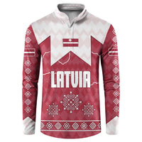 Latvia Button Sweatshirt with National Coat of Arms and Knit Pattern – Three Stars One Heart Design