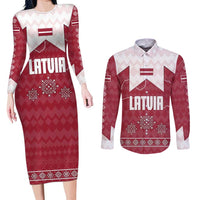 Latvia Couples Matching Long Sleeve Bodycon Dress and Long Sleeve Button Shirt with National Coat of Arms and Knit Pattern – Three Stars One Heart Design