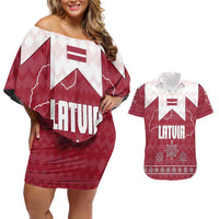 Latvia Couples Matching Off Shoulder Short Dress and Hawaiian Shirt with National Coat of Arms and Knit Pattern – Three Stars One Heart Design