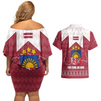 Latvia Couples Matching Off Shoulder Short Dress and Hawaiian Shirt with National Coat of Arms and Knit Pattern – Three Stars One Heart Design
