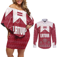 Latvia Couples Matching Off Shoulder Short Dress and Long Sleeve Button Shirt with National Coat of Arms and Knit Pattern – Three Stars One Heart Design