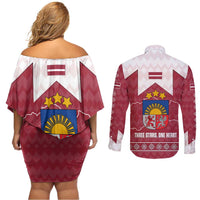 Latvia Couples Matching Off Shoulder Short Dress and Long Sleeve Button Shirt with National Coat of Arms and Knit Pattern – Three Stars One Heart Design