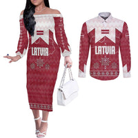Latvia Couples Matching Off The Shoulder Long Sleeve Dress and Long Sleeve Button Shirt with National Coat of Arms and Knit Pattern – Three Stars One Heart Design