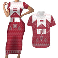 Latvia Couples Matching Short Sleeve Bodycon Dress and Hawaiian Shirt with National Coat of Arms and Knit Pattern – Three Stars One Heart Design