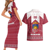 Latvia Couples Matching Short Sleeve Bodycon Dress and Hawaiian Shirt with National Coat of Arms and Knit Pattern – Three Stars One Heart Design