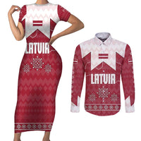 Latvia Couples Matching Short Sleeve Bodycon Dress and Long Sleeve Button Shirt with National Coat of Arms and Knit Pattern – Three Stars One Heart Design