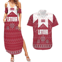 Latvia Couples Matching Summer Maxi Dress and Hawaiian Shirt with National Coat of Arms and Knit Pattern – Three Stars One Heart Design