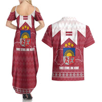 Latvia Couples Matching Summer Maxi Dress and Hawaiian Shirt with National Coat of Arms and Knit Pattern – Three Stars One Heart Design