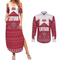Latvia Couples Matching Summer Maxi Dress and Long Sleeve Button Shirt with National Coat of Arms and Knit Pattern – Three Stars One Heart Design