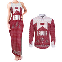Latvia Couples Matching Tank Maxi Dress and Long Sleeve Button Shirt with National Coat of Arms and Knit Pattern – Three Stars One Heart Design
